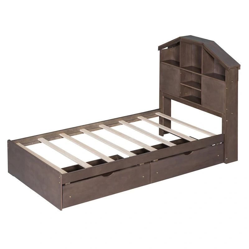Lit plateforme en bois avec tête de lit de rangement en forme de maison et 2 tiroirs