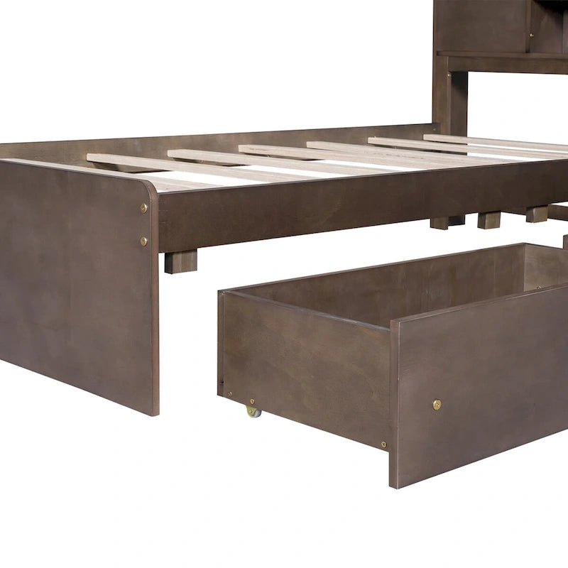 Lit plateforme en bois avec tête de lit de rangement en forme de maison et 2 tiroirs