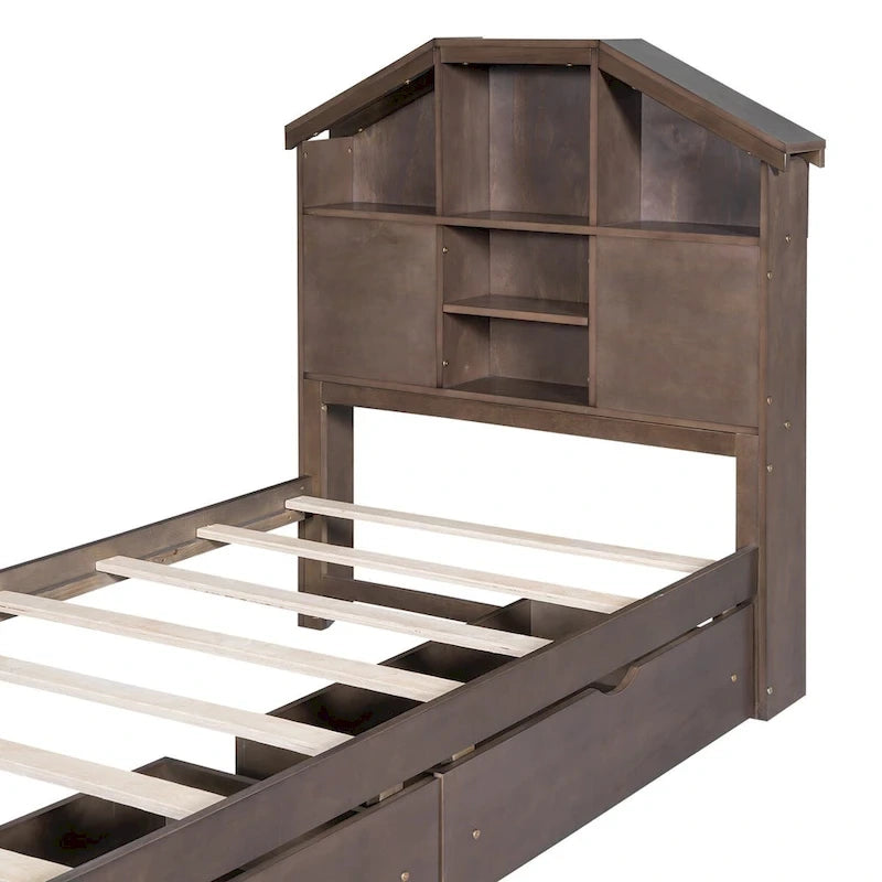Lit plateforme en bois avec tête de lit de rangement en forme de maison et 2 tiroirs