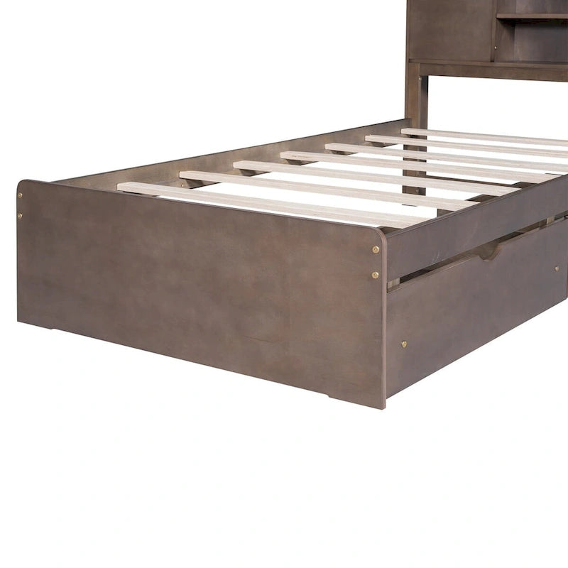 Lit plateforme en bois avec tête de lit de rangement en forme de maison et 2 tiroirs