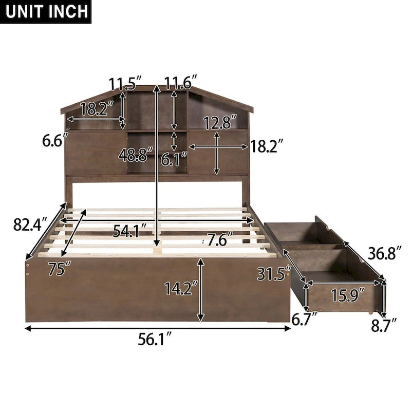 Lit plateforme en bois avec tête de lit de rangement en forme de maison et 2 tiroirs