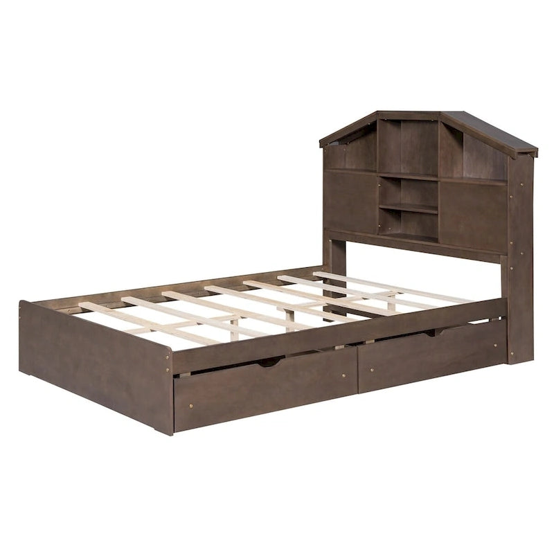 Lit plateforme en bois avec tête de lit de rangement en forme de maison et 2 tiroirs
