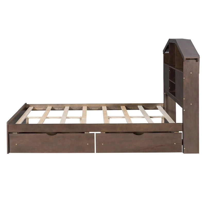 Lit plateforme en bois avec tête de lit de rangement en forme de maison et 2 tiroirs