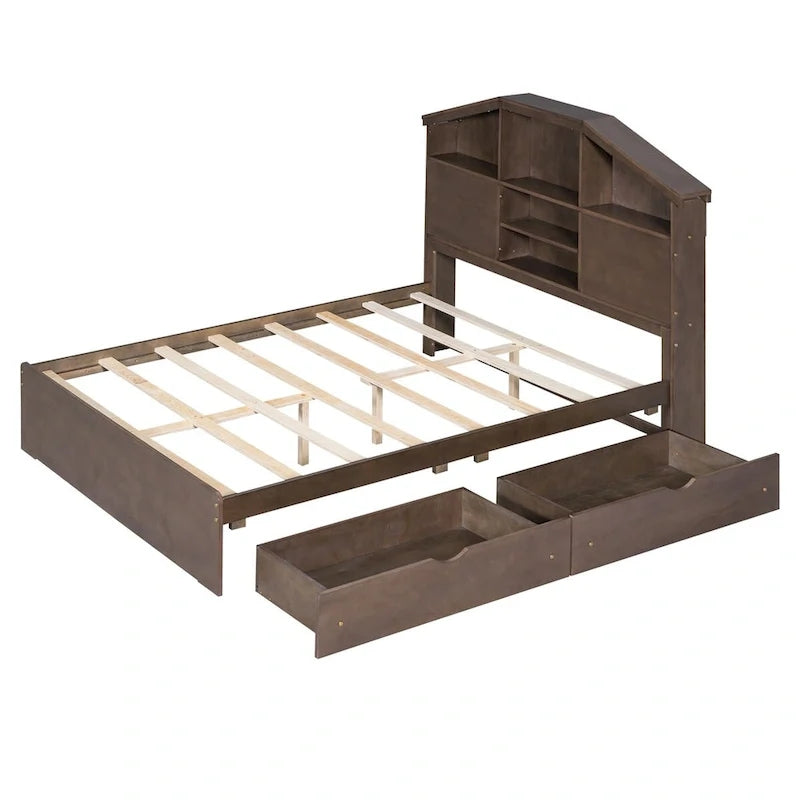Lit plateforme en bois avec tête de lit de rangement en forme de maison et 2 tiroirs