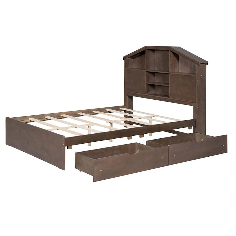 Lit plateforme en bois avec tête de lit de rangement en forme de maison et 2 tiroirs