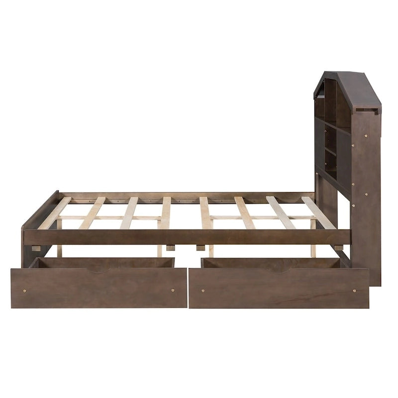 Lit plateforme en bois avec tête de lit de rangement en forme de maison et 2 tiroirs