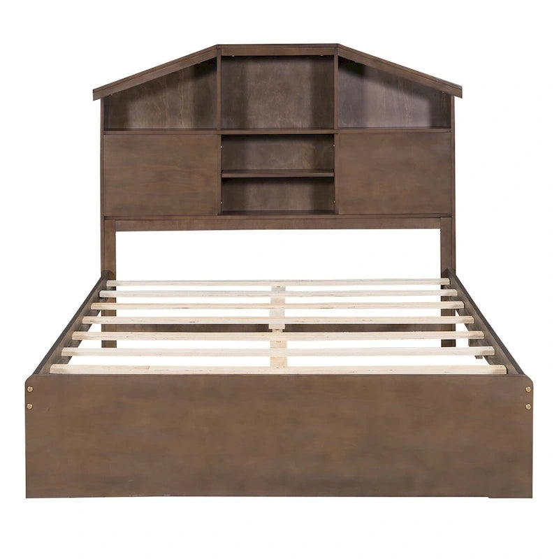 Lit plateforme en bois avec tête de lit de rangement en forme de maison et 2 tiroirs