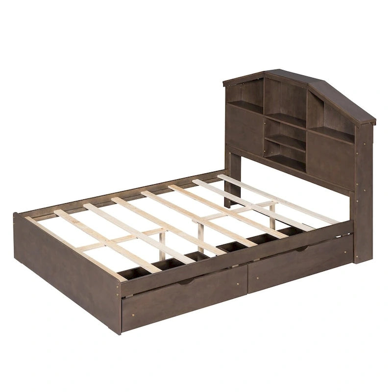 Lit plateforme en bois avec tête de lit de rangement en forme de maison et 2 tiroirs