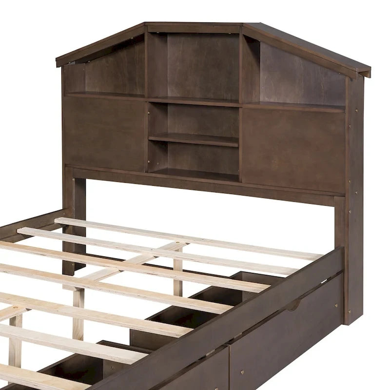 Lit plateforme en bois avec tête de lit de rangement en forme de maison et 2 tiroirs