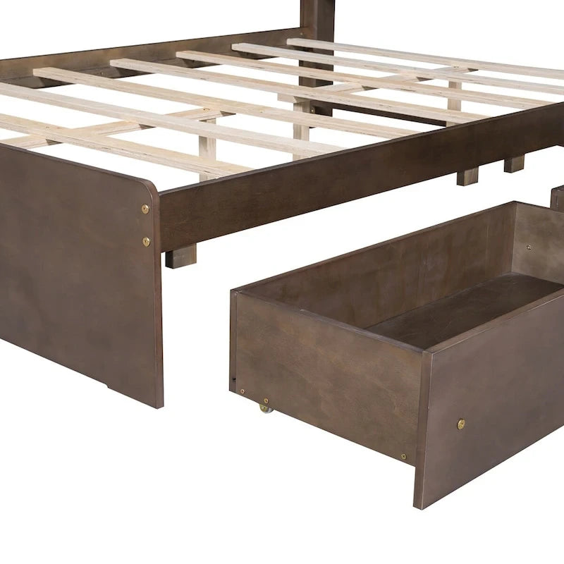 Lit plateforme en bois avec tête de lit de rangement en forme de maison et 2 tiroirs