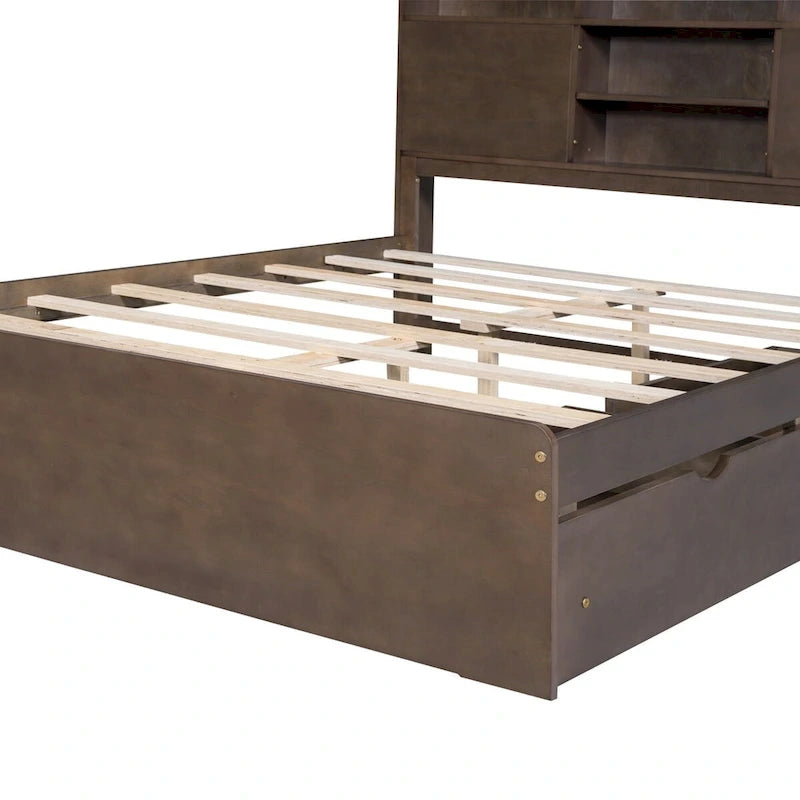 Lit plateforme en bois avec tête de lit de rangement en forme de maison et 2 tiroirs