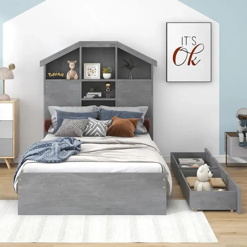 Lit plateforme en bois avec tête de lit de rangement en forme de maison et 2 tiroirs