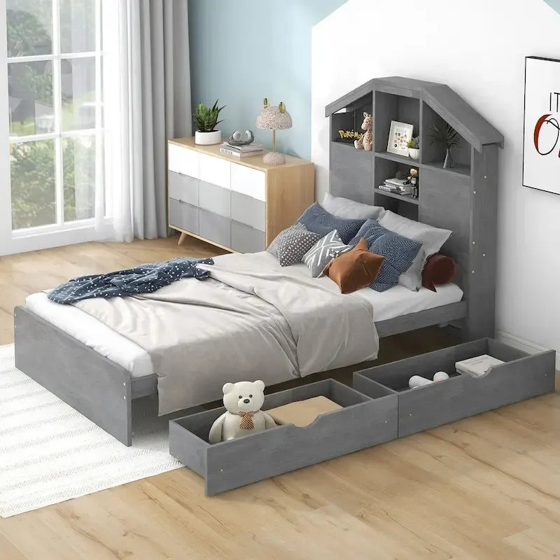 Lit plateforme en bois avec tête de lit de rangement en forme de maison et 2 tiroirs