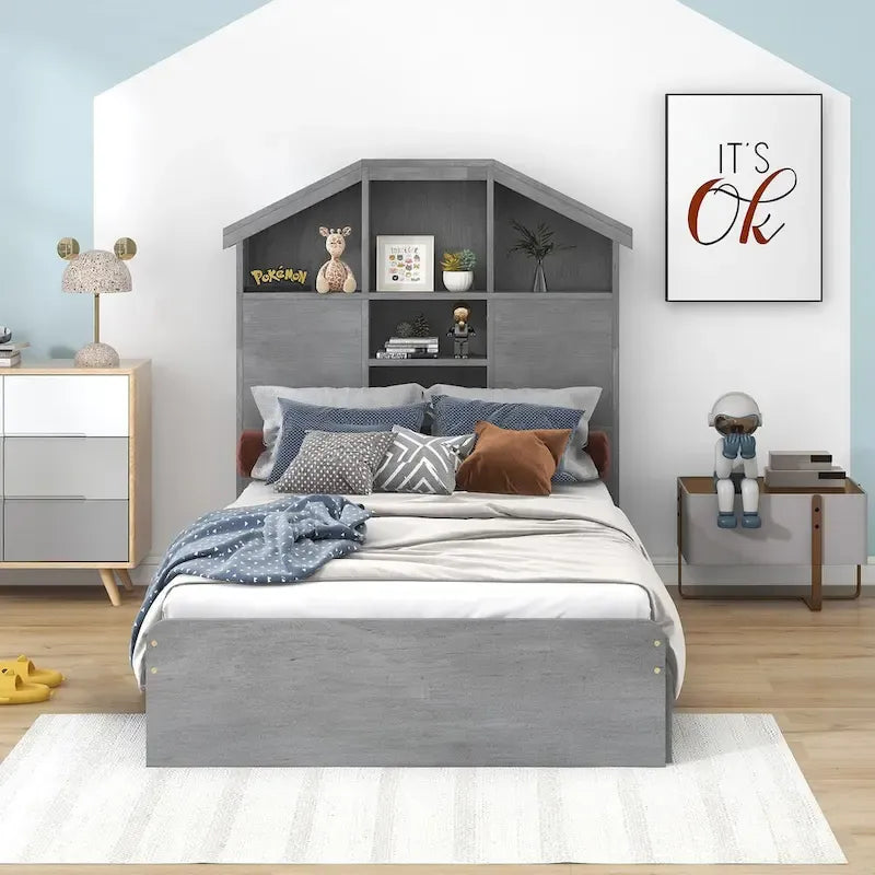 Lit plateforme en bois avec tête de lit de rangement en forme de maison et 2 tiroirs
