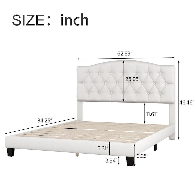 Lit plateforme rembourré avec tête de lit incurvée en forme de selle et détails touffetés en losange, beige