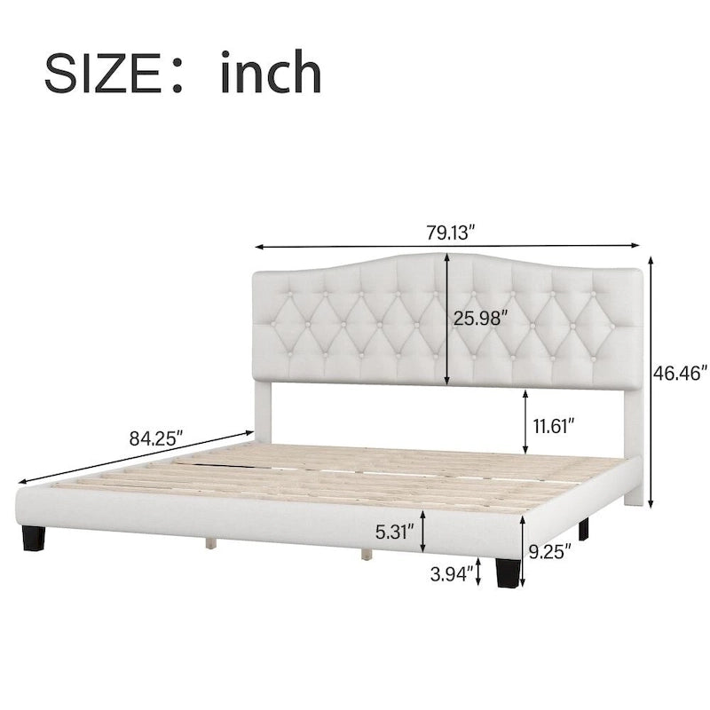 Lit plateforme rembourré avec tête de lit incurvée en forme de selle et détails touffetés en losange, beige