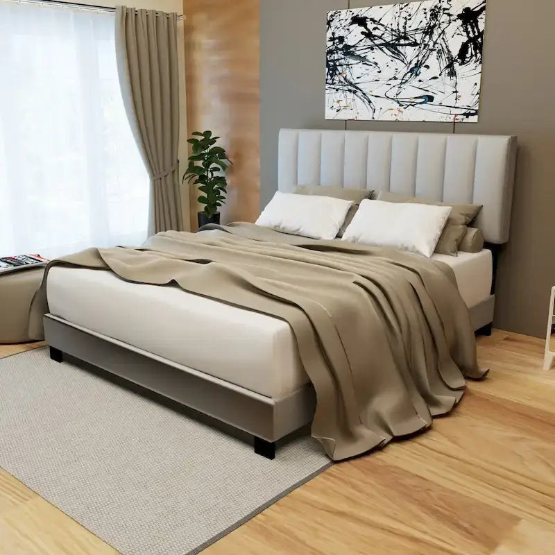 Cadre de lit Queen Size réglable en tissu gris pierre, design vintage et épuré, style populaire