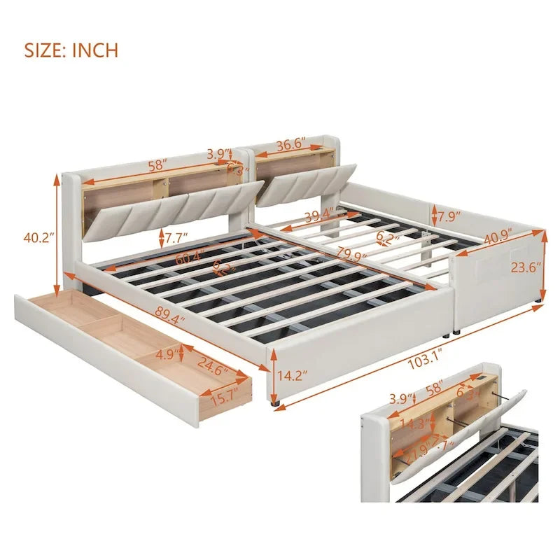 Lit plateforme tapissier Twin XL avec système de rangement hydraulique