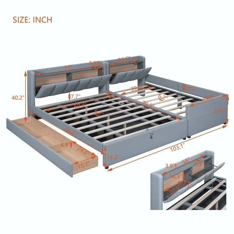 Lit plateforme tapissier Twin XL avec système de rangement hydraulique