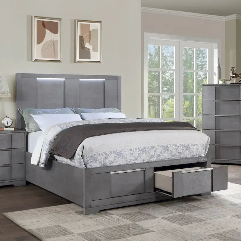 Lit plate-forme de rangement contemporain Tona de Furniture of America, en bois gris, avec lumières LED