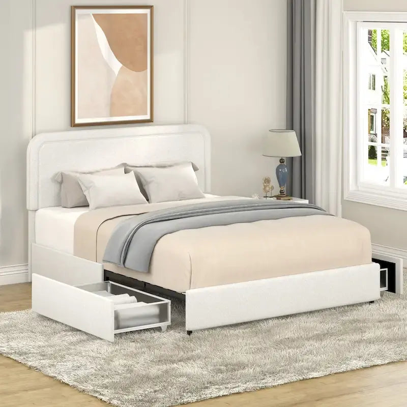 Lit plateforme capitonné en tissu bouclé Valle Queen Size avec tiroirs, couleur ivoire, de Christopher Knight Home