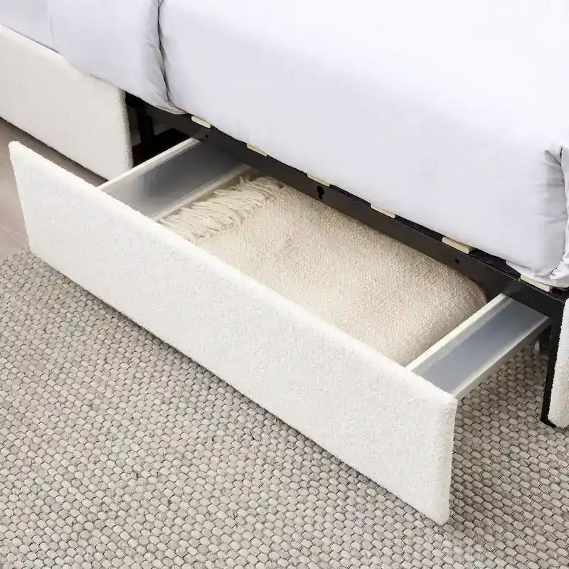 Lit plateforme capitonné en tissu bouclé Valle Queen Size avec tiroirs, couleur ivoire, de Christopher Knight Home
