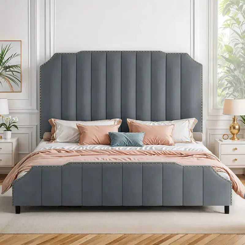 Cadre de lit rembourré gris Base de lit plateforme en velours Sommier