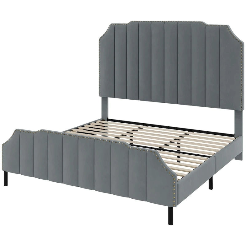 Cadre de lit rembourré gris Base de lit plateforme en velours Sommier