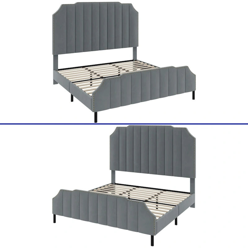Cadre de lit rembourré gris Base de lit plateforme en velours Sommier