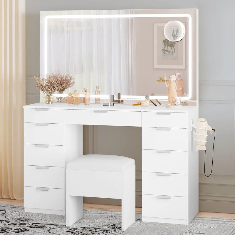 Coiffeuse Moasis avec grand miroir LED et 11 tiroirs - 116,8L*29,7L*142H cm