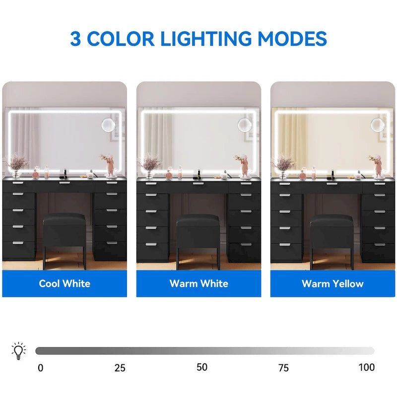 Coiffeuse Moasis avec grand miroir LED et 11 tiroirs - 116,8L*29,7L*142H cm