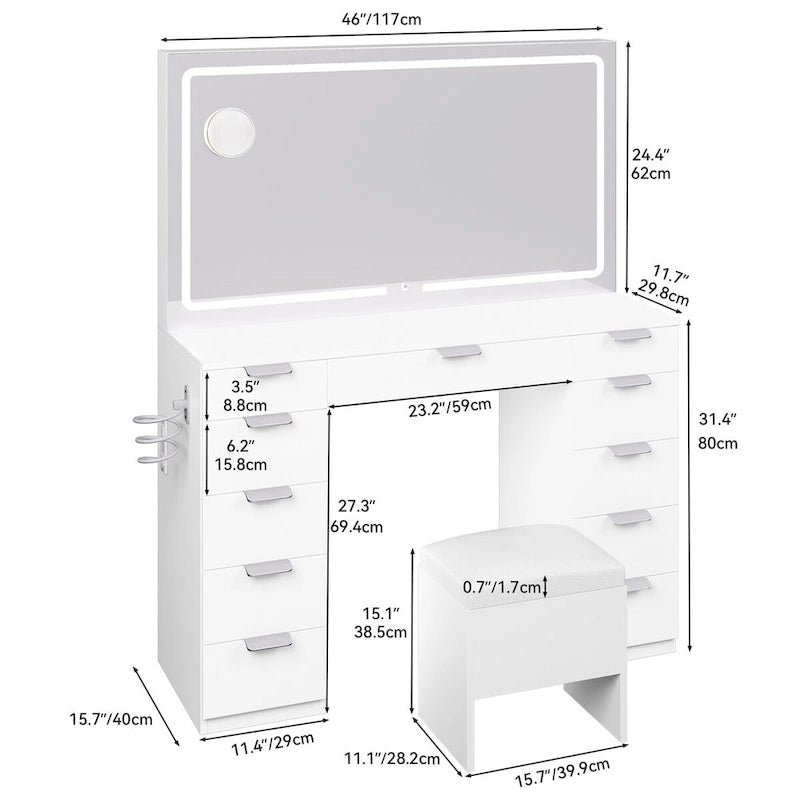 Coiffeuse Moasis avec grand miroir LED et 11 tiroirs - 116,8L*29,7L*142H cm