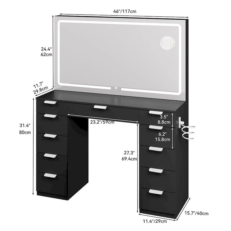 Coiffeuse Moasis avec grand miroir LED et 11 tiroirs - 116,8L*29,7L*142H cm