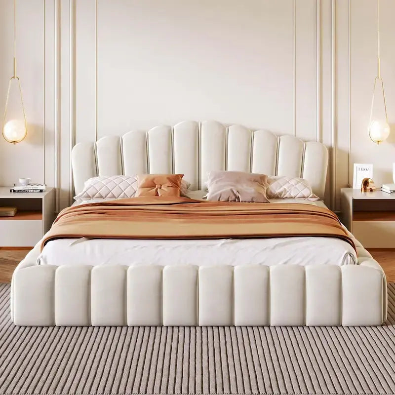 Lit double en velours avec tête de lit en forme de coquille pour chambre à coucher