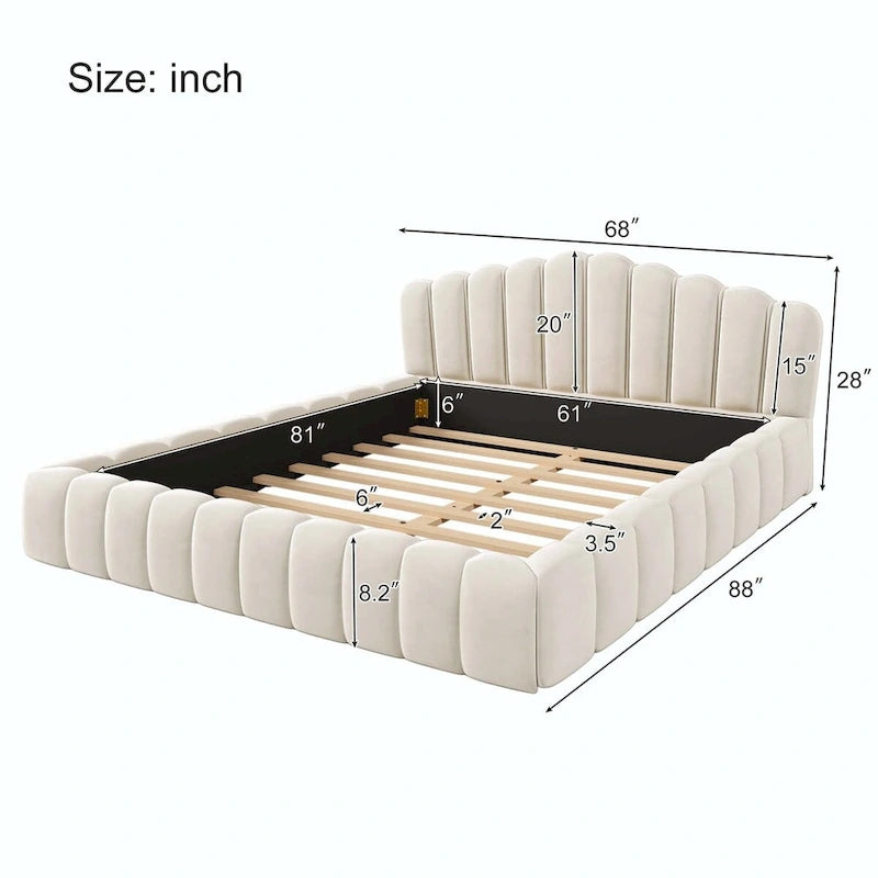 Lit double en velours avec tête de lit en forme de coquille pour chambre à coucher
