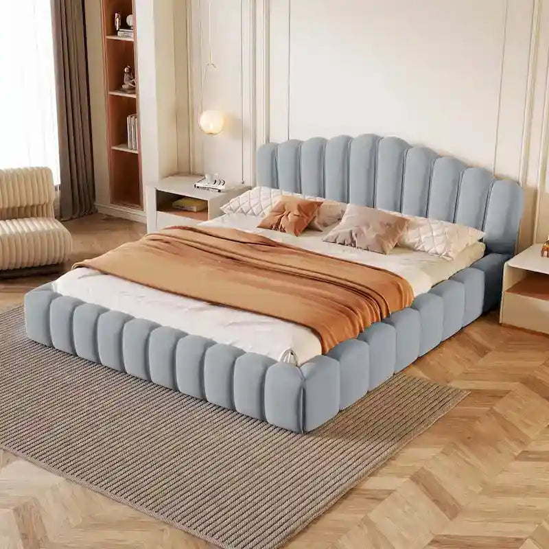 Lit double en velours avec tête de lit en forme de coquille pour chambre à coucher