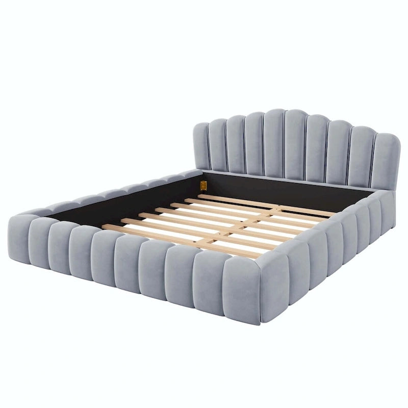 Lit double en velours avec tête de lit en forme de coquille pour chambre à coucher