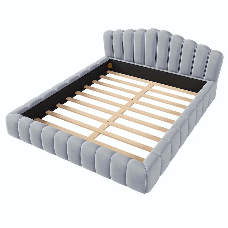 Lit double en velours avec tête de lit en forme de coquille pour chambre à coucher