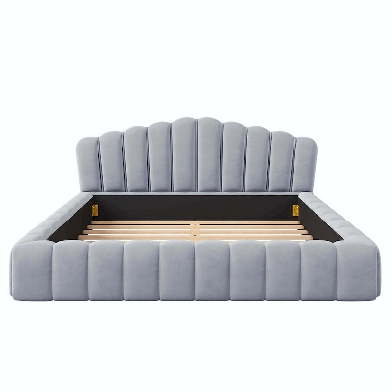 Lit double en velours avec tête de lit en forme de coquille pour chambre à coucher