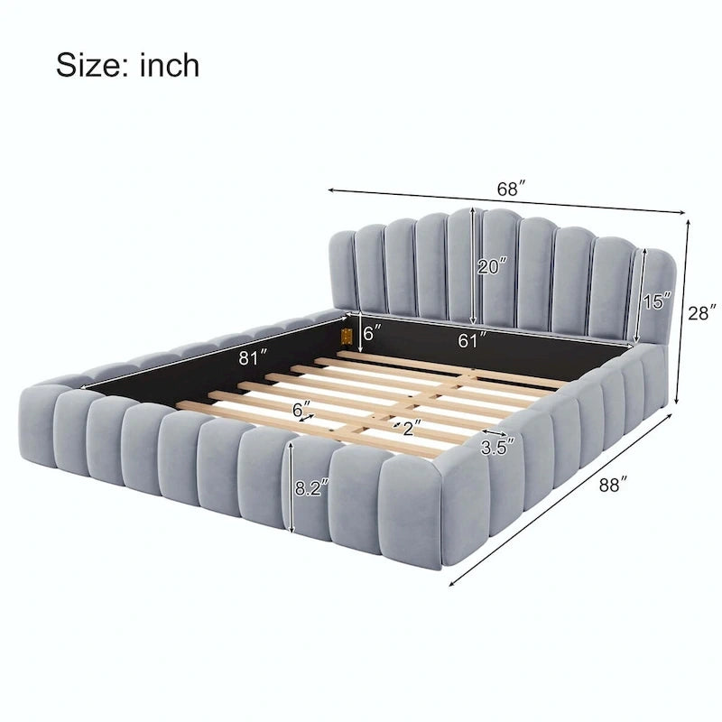 Lit double en velours avec tête de lit en forme de coquille pour chambre à coucher
