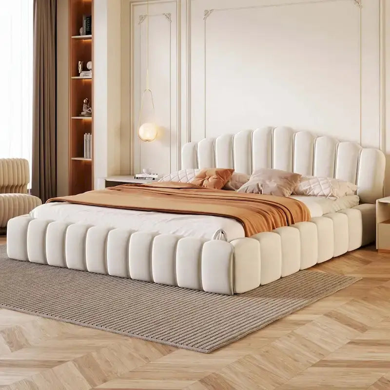 Lit double en velours avec tête de lit en forme de coquille pour chambre à coucher