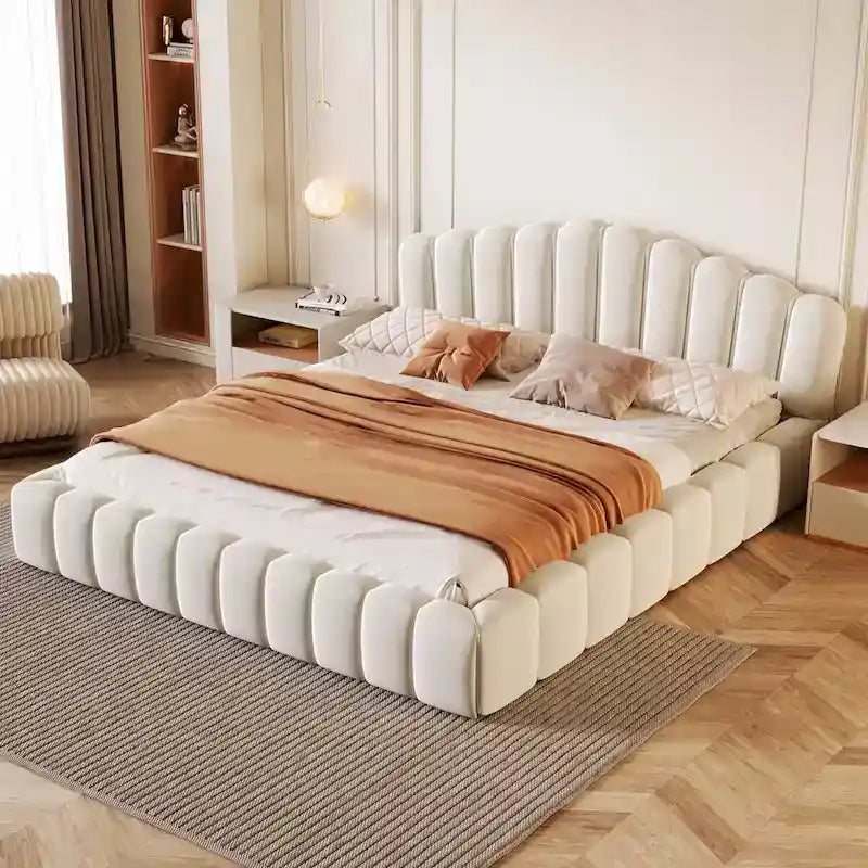 Lit double en velours avec tête de lit en forme de coquille pour chambre à coucher