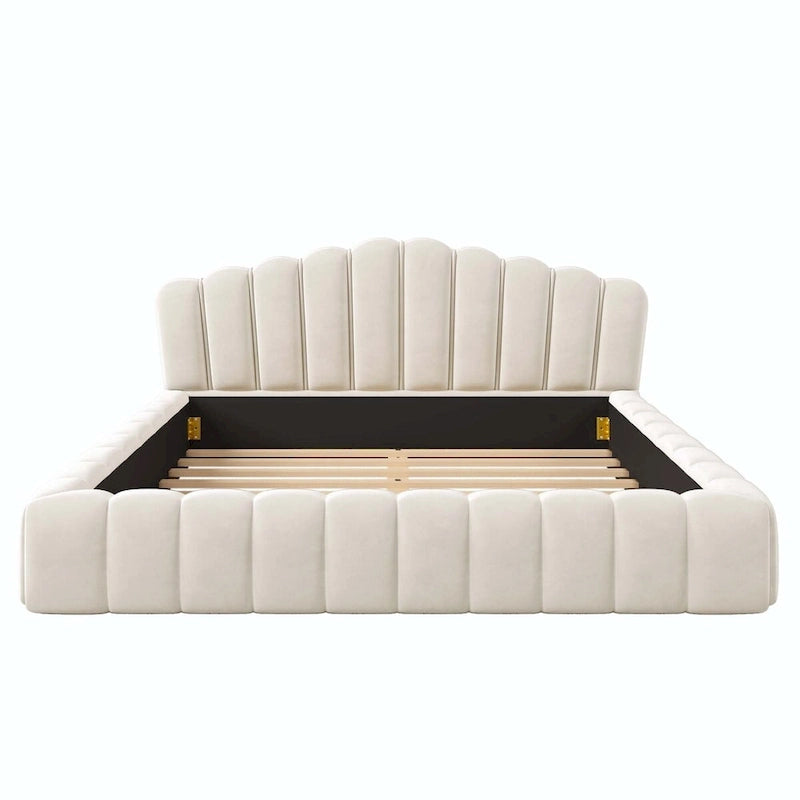 Lit double en velours avec tête de lit en forme de coquille pour chambre à coucher