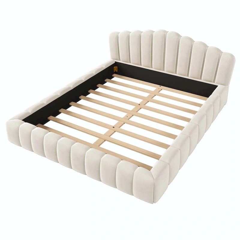 Lit double en velours avec tête de lit en forme de coquille pour chambre à coucher