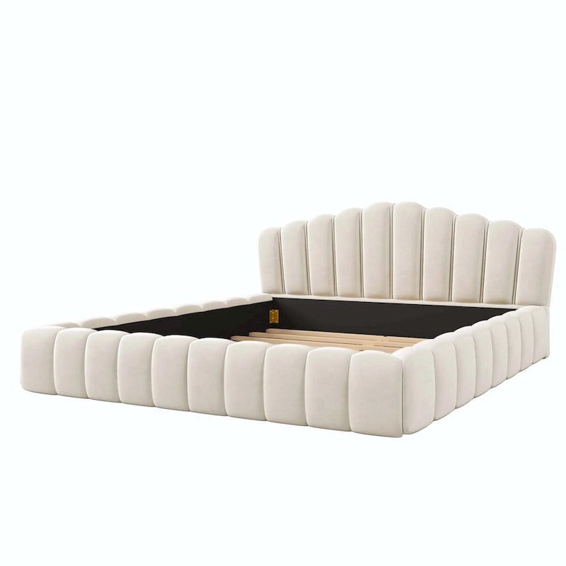 Lit double en velours avec tête de lit en forme de coquille pour chambre à coucher