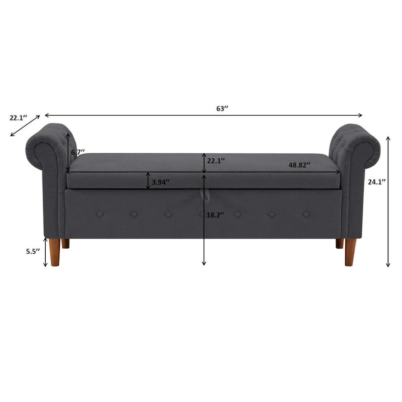 Banc de rangement pour chambre, bout de lit, accoudoirs roulés, canapé ottoman en velours, long banc