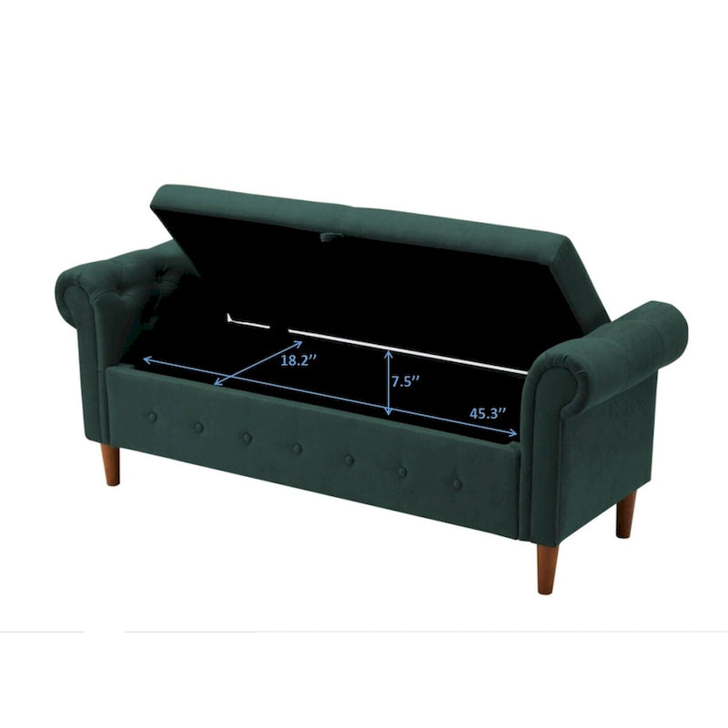 Banc de rangement pour chambre, bout de lit, accoudoirs roulés, canapé ottoman en velours, long banc