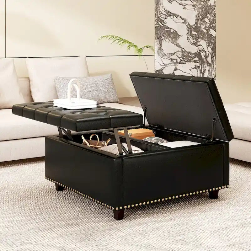 Fauteuil carré de rangement surdimensionné en similicuir avec rangement, avec rangement, rangement double porte, table basse moderne du milieu du siècle