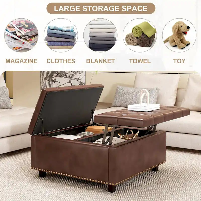 Fauteuil carré de rangement surdimensionné en similicuir avec rangement, avec rangement, rangement double porte, table basse moderne du milieu du siècle
