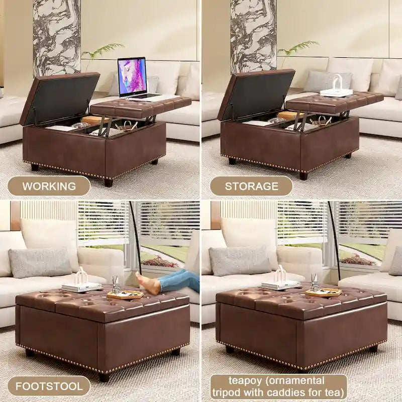 Fauteuil carré de rangement surdimensionné en similicuir avec rangement, avec rangement, rangement double porte, table basse moderne du milieu du siècle